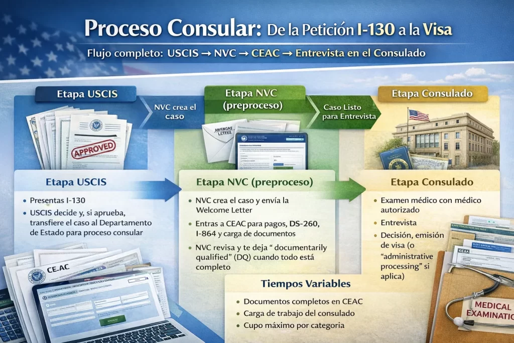 Proceso consular paso a paso de I-130 al NVC y la entrevista en el consulado